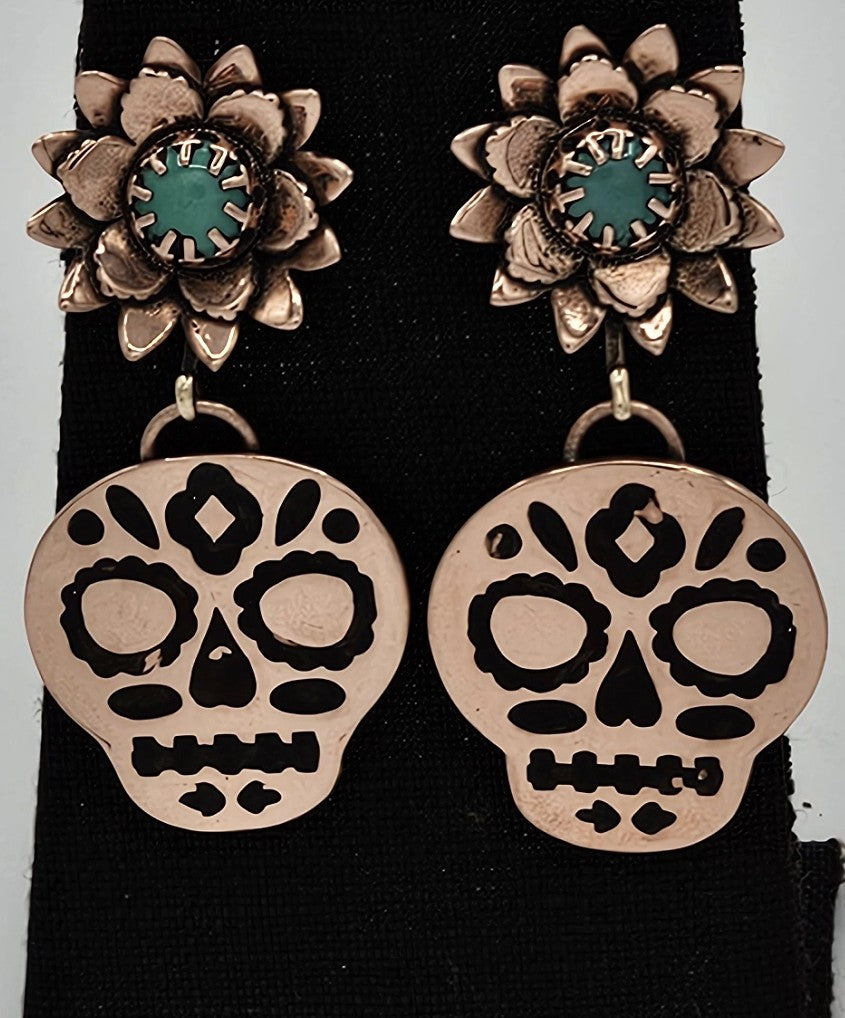 Copper Sugar Skull with 2-layer flower, turquoise center stone dangles