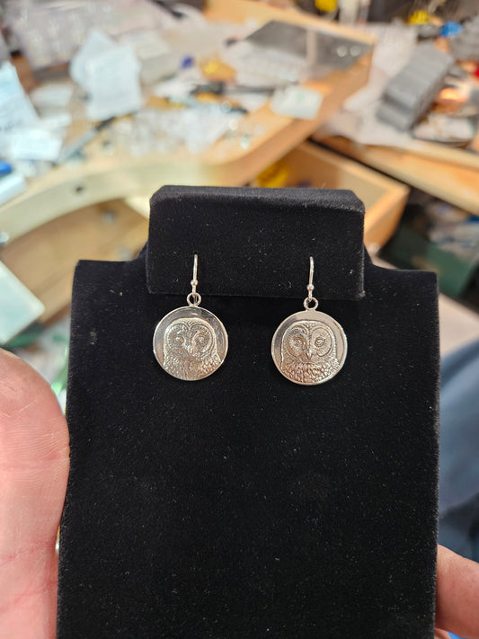 Tawny owl coin earrings in silver