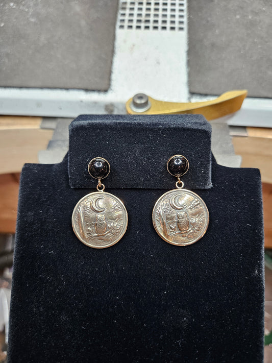 Owl on moon drop earrings with onyx studs, 14/20 gold-filled