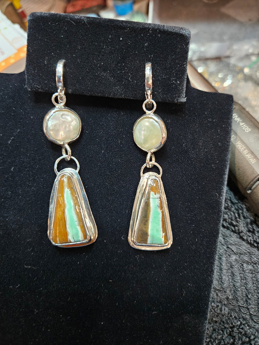 Coin pearl and natural Australian Variscite dangles, sterling silver
