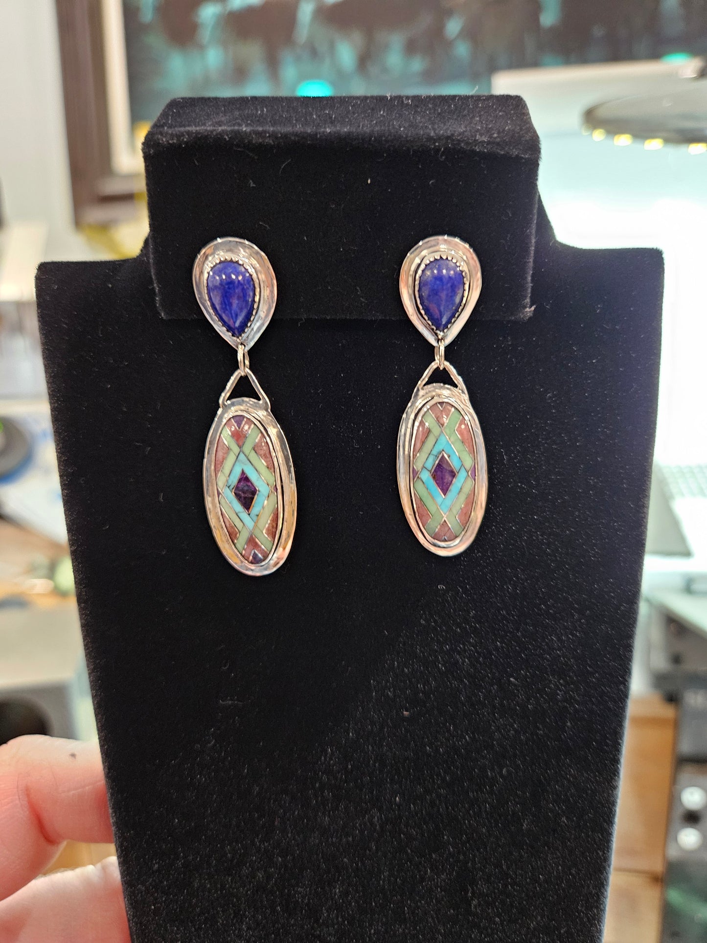 Sterling silver surfboard inlay and teardrop lapis drop earrings