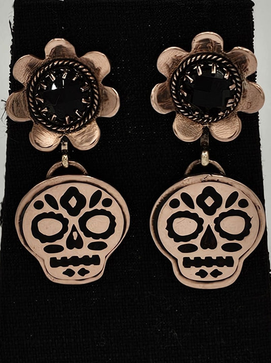 Copper sugar skull dangles with rose cut onyx flower centers