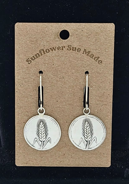 Sterling stamped wheat coin drop earrings on kidney wire